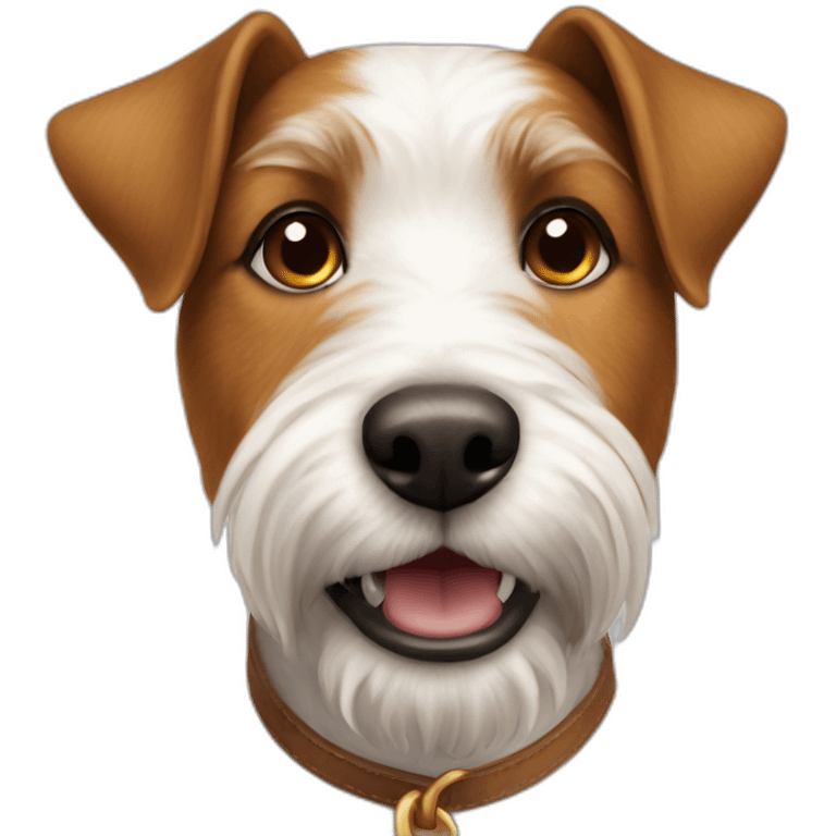 white and brown terrier dog sitting down with brown spots on his right ear emoji