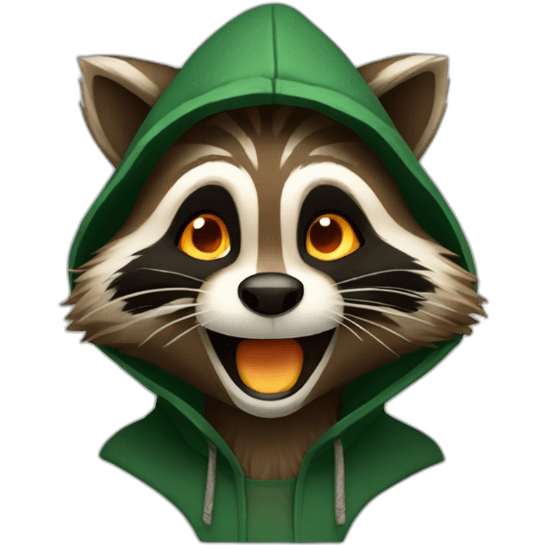 brown raccoon with orange eyes and a dark green hood that is laughing emoji