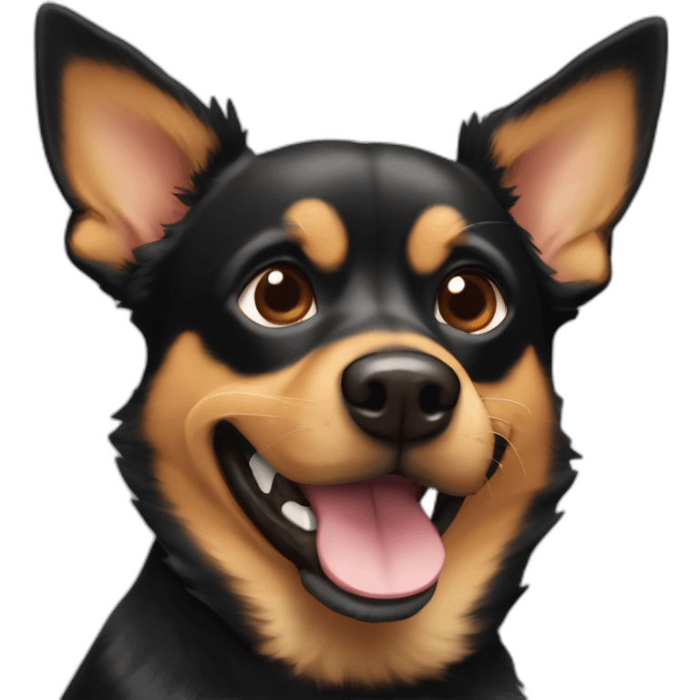 black and brown mutt dog with mostly german shephard head but larger chihuahua eyes with large overbite with left upper sharp canine tooth crooked sticking out of closed mouth emoji