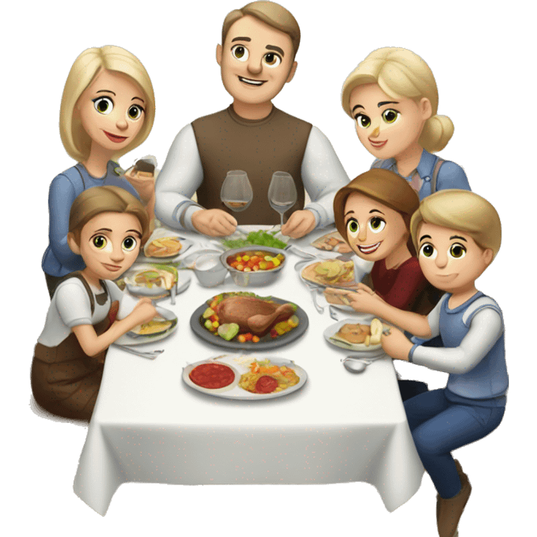 Russian family of 7 members eating dinner together at kitchen table emoji