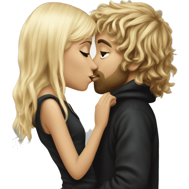 Pippin-hobbit wearing hoodie passionately kissing pretty blonde woman with black top emoji