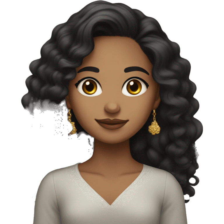 Girl with black waves/curly hair, and dark brown eyes, wearing jumka earrings  emoji