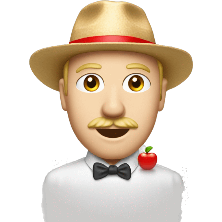 Un homme qu a la peau blanche des cheveux blonds un chapeau blanc avec  un contour rouge sur le haut il y a une pomme et une couronne des joux rouge  emoji