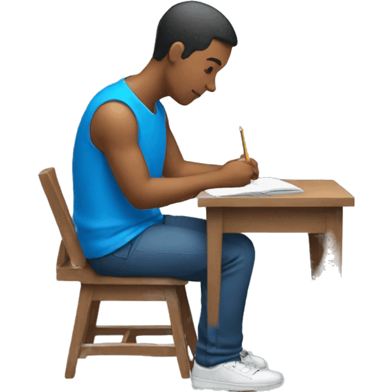 male sitting and studing with blue shirt. Side view. emoji