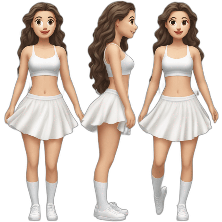 Hyperrealistic Full body Caucasian curvy beauty jumping short white skirt back and front views strong wind knickers long white socks emoji