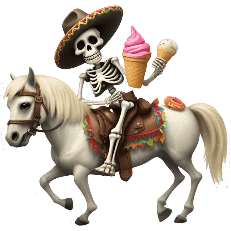 Skeleton wearing a sombrero while eating an ice cream cone and riding a horse emoji