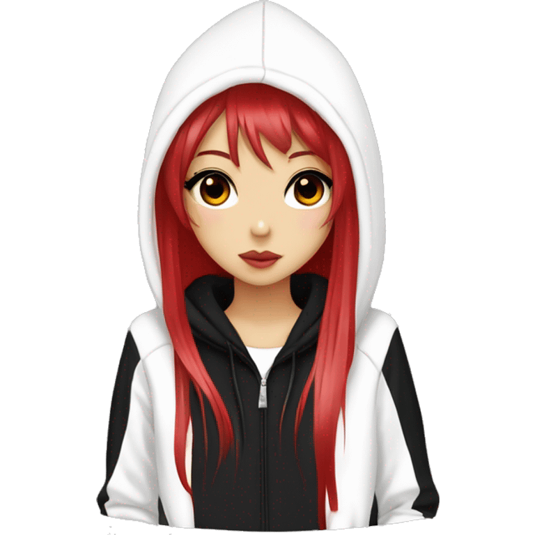 hime gyaru girl, long straight black and red hair, dark makeup, white hoodie with black logo on front emoji