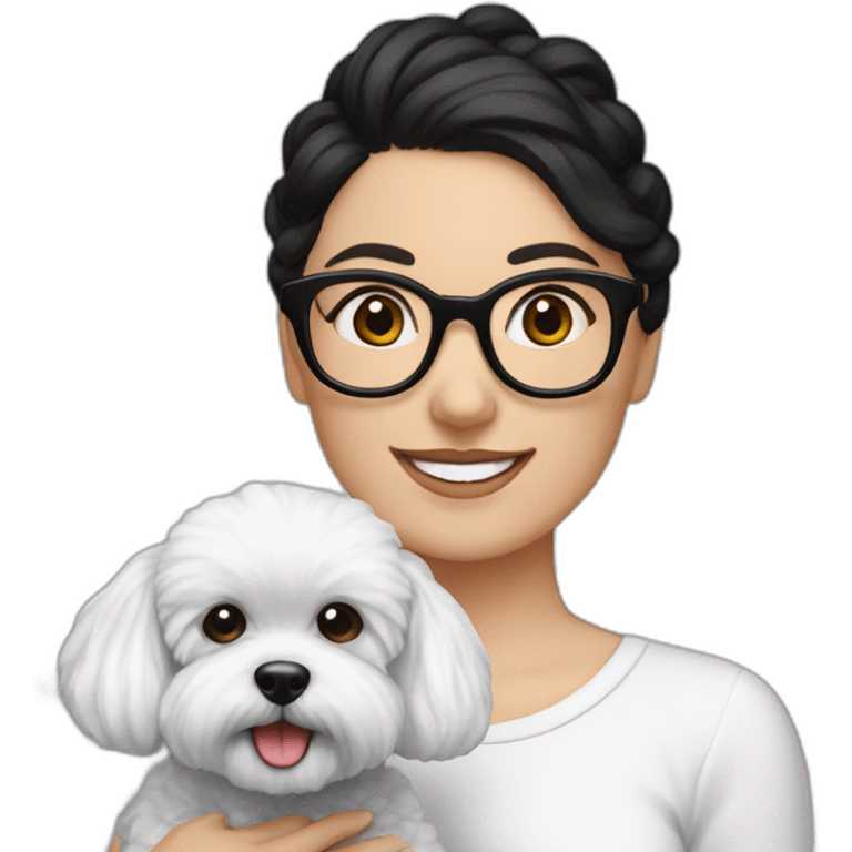 woman-white skin-black hair-bun-with glasses-with bichon dog-white-smile-Christmas emoji