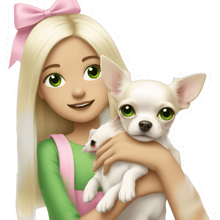 pale blond girl with long platinum hair with green eyes holding a white chihuahua puppy that wearing a pink bow emoji