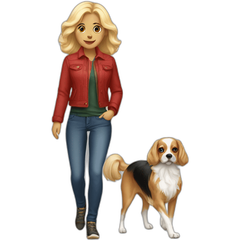 blonde-woman-walking-tricolor-cavalier-dog emoji