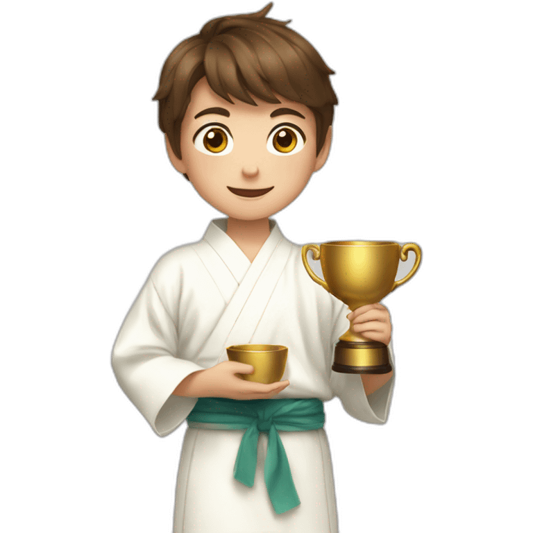 a 12-year-old boy with brown hair with a prize cup in his hand in a white kimono emoji