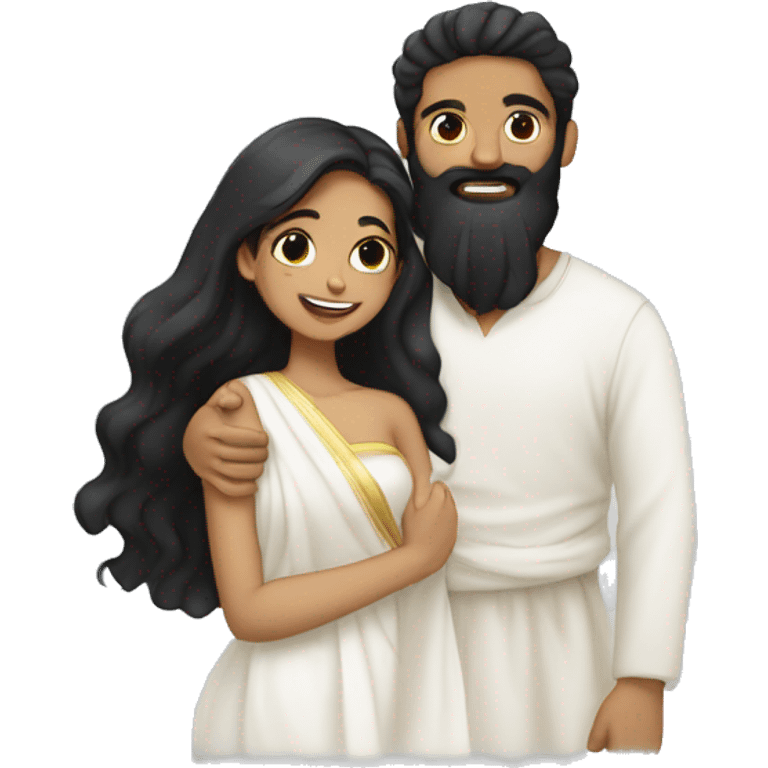 Light skin;Black long hair girl  in a white saree hugging with a man with black beard and hair on top emoji