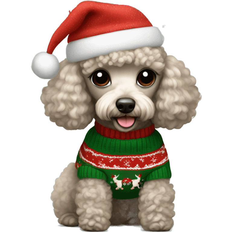 A mini poodle wearing  a Christmas sweater emoji