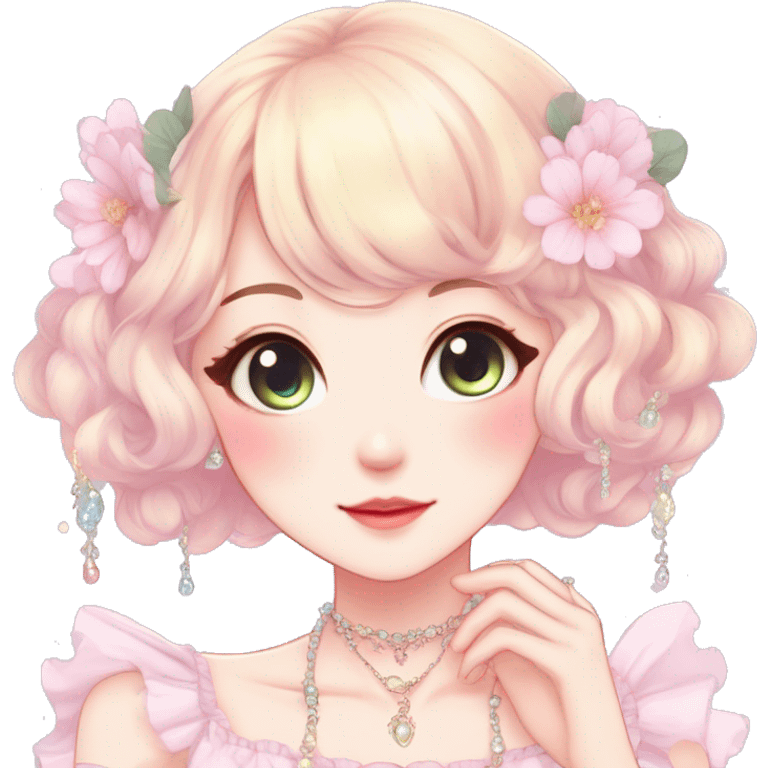 Gorgeous pastel anime style lady with blushing face and fairy dress necklace cottagecore fairycore pastelcore colorful pearly romantic simplistic aesthetic trending style emoji