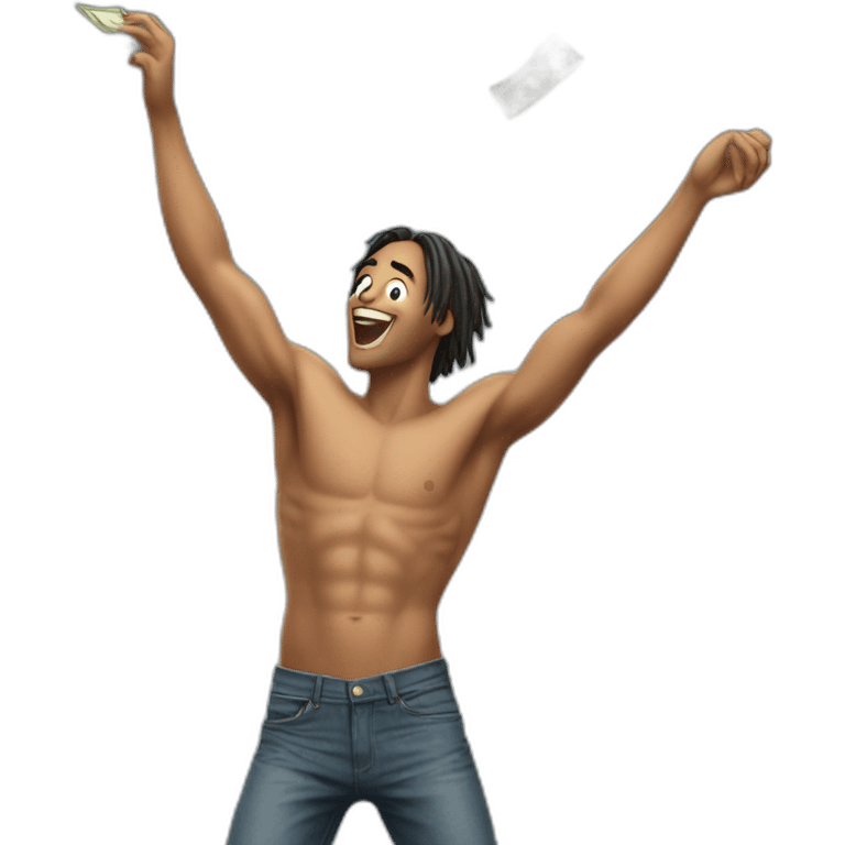 Shirtless guy dancing under raining money  emoji