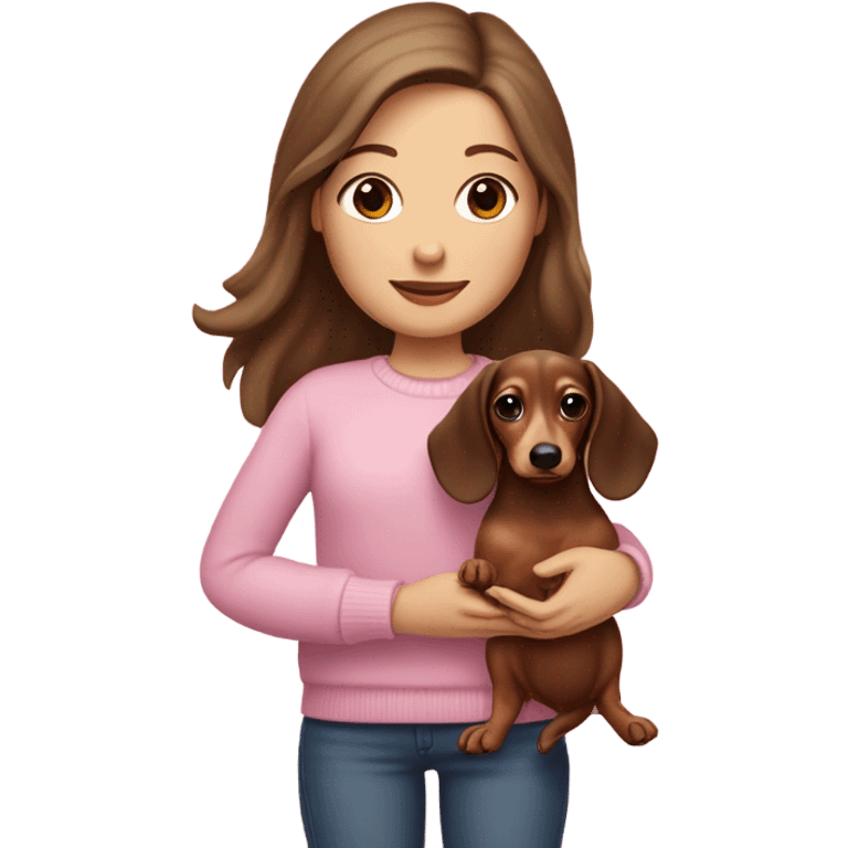 Brunette white girl with long hair in a pink sweater holds a brown and cream dachshund long haired puppy in her arms emoji