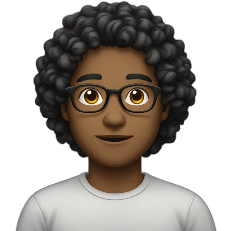 A young man wearing glasses, his skin is very light black , and He has long curly hair and a black winter shirt as well emoji