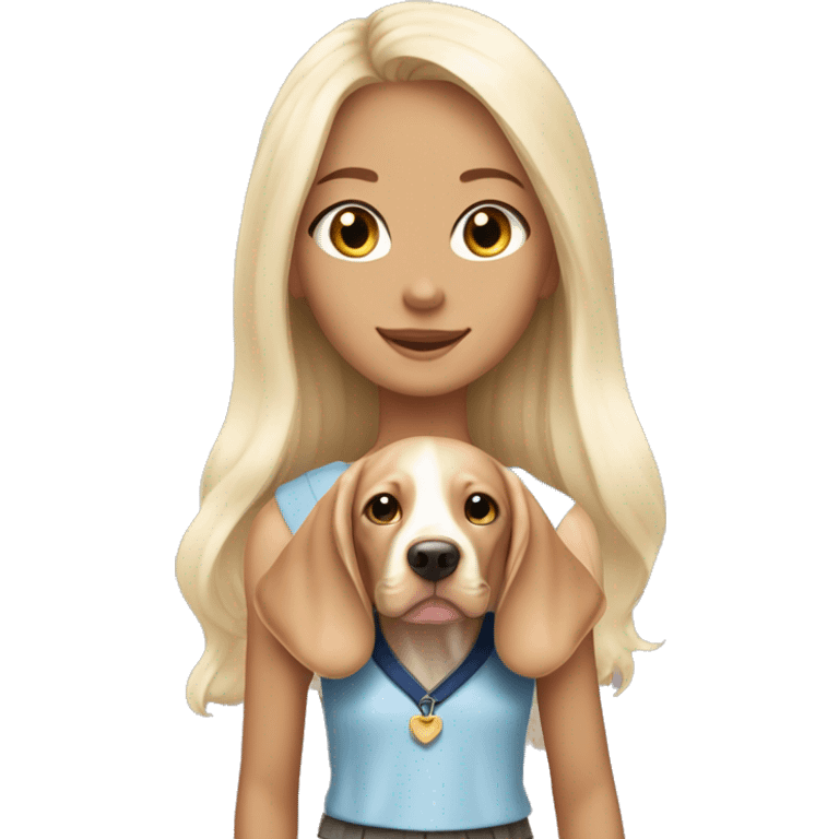 Pretty tan skinned girl with long white blonde hair wearing a preppy outfit with a cute vizsla puppy  emoji