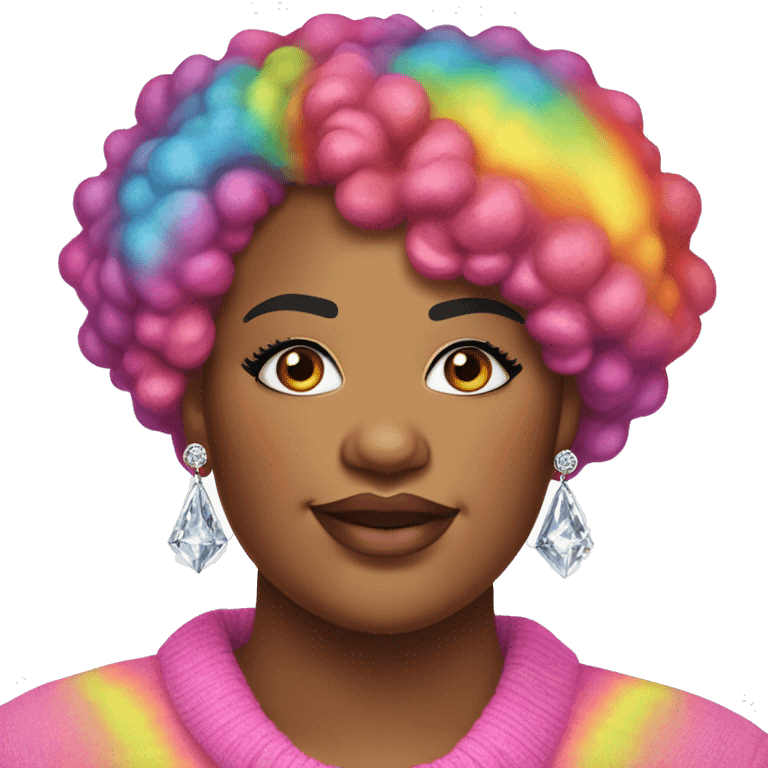 Large Plus size black woman with edgy pink curly pixie cut hair and a rainbow tie dye sweater , and diamond stud earrings  emoji