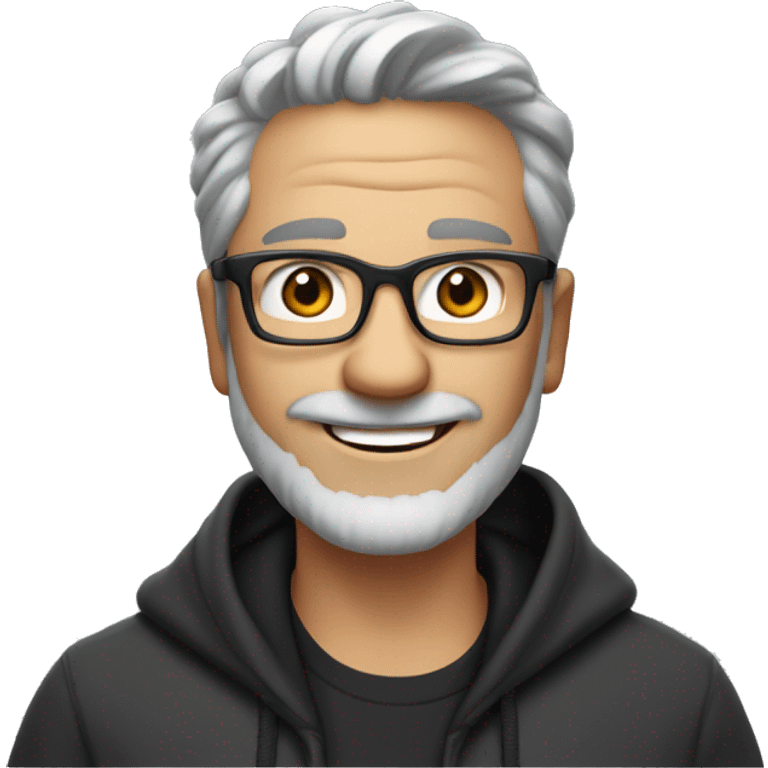 he is 45 years old with rectangular glasses, fair skin, a beard, gray hair, brown eyes. He wears a black hoodie with a chat bubble and inside says Hello with a big smile
 emoji