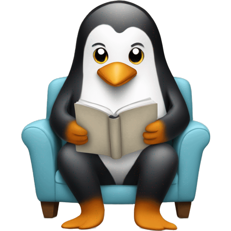 A penguin reading a book and drinking coffee while sitting on a cozy chair emoji