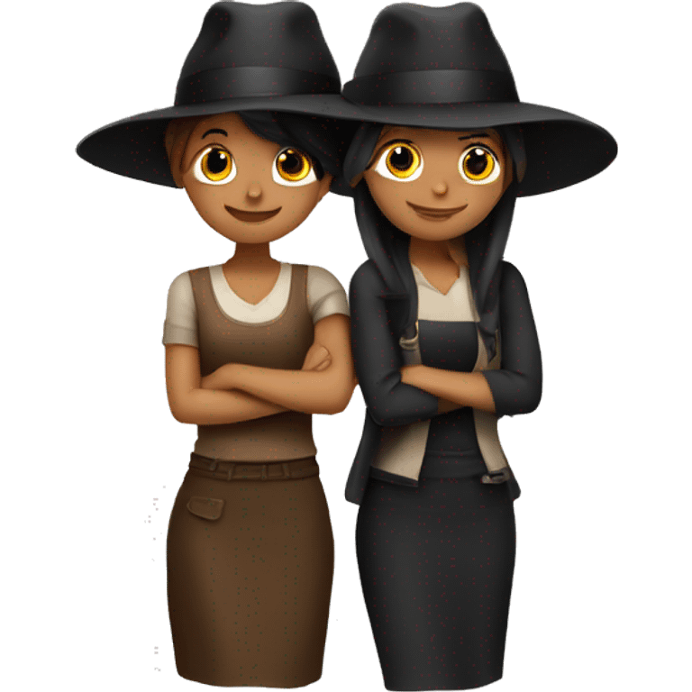 Two girls hugging, one with long brown hats and the other with long black hats emoji