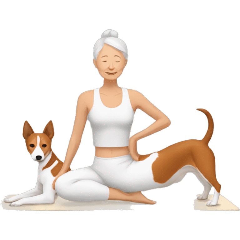 older woman doing yoga with basenji dog emoji