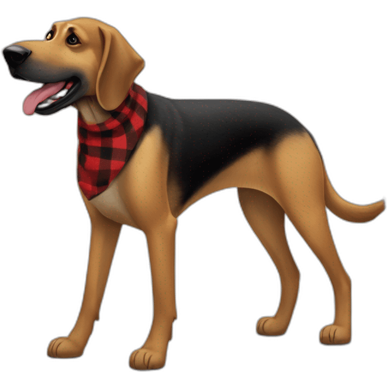 adult 75% Coonhound 25% German Shepherd mix dog with visible tail wearing small pointed red buffalo plaid bandana full body walking left quickly emoji