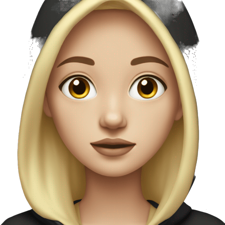 Pale girl with black straight hair. Black hoodie. Gold hoop earrings.  emoji