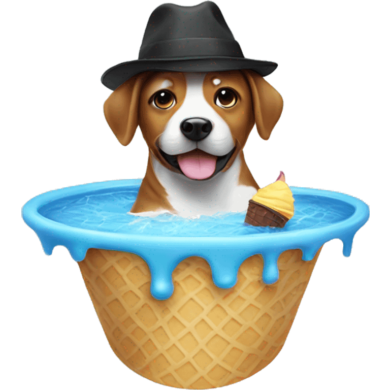 Dog swimming in a ice cream pool with a hat on emoji