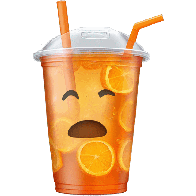 Realistic plastic cup and lid with Transluscent orange soda and large ice cubes inside and one straw through the top of the lid. emoji