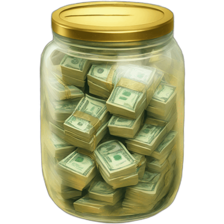 A clear jar with a metallic lid filled with stacks of cash and gold  emoji