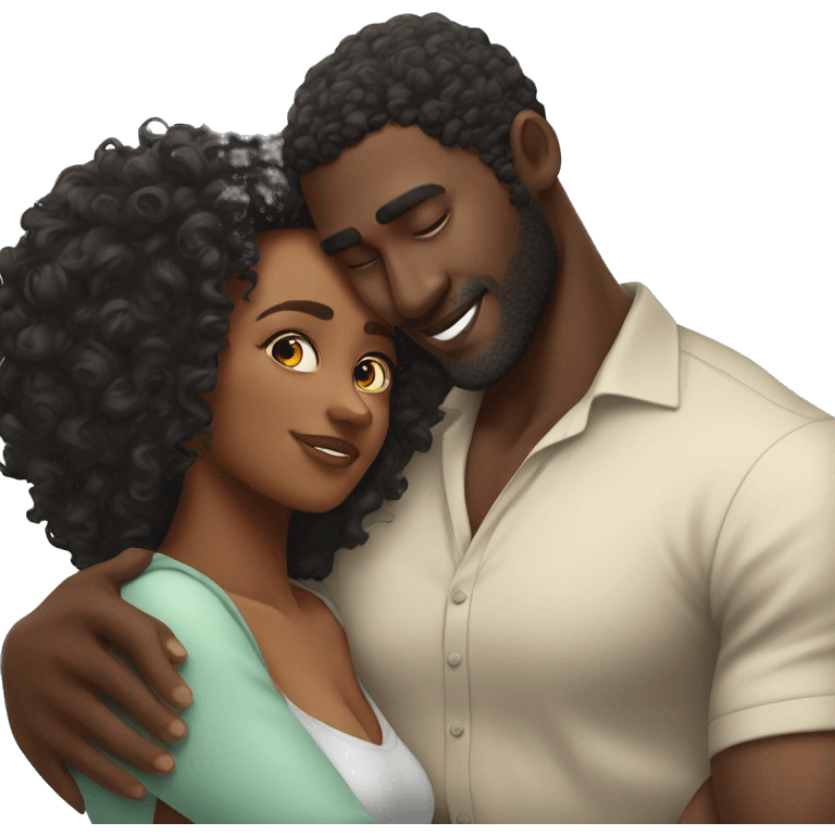 Tall handsome black man with curly hair hugs beautiful short curvy black woman emoji