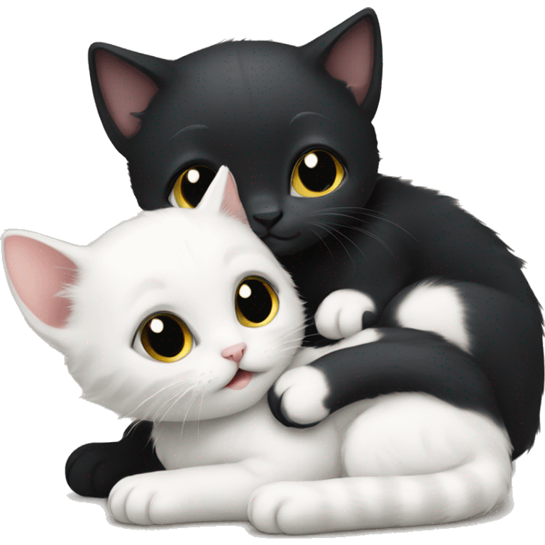 A black kitten hugs a white kitten  emoji