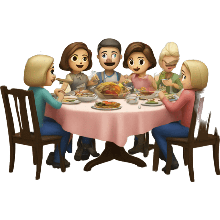 Russian family of 7 members eating dinner together at kitchen table emoji