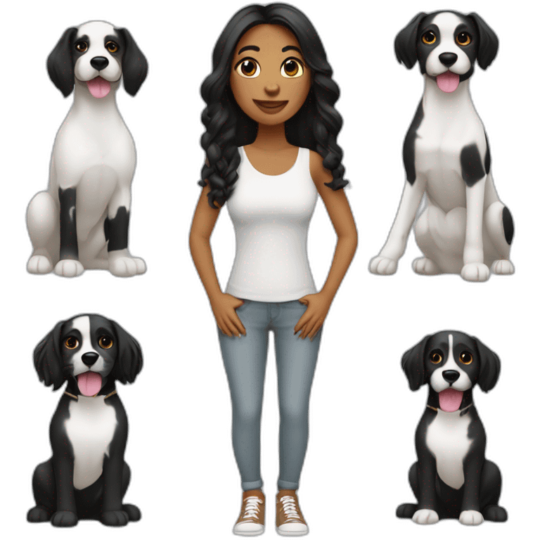 mujer cabello largo negro y su perro maltés blanco emoji