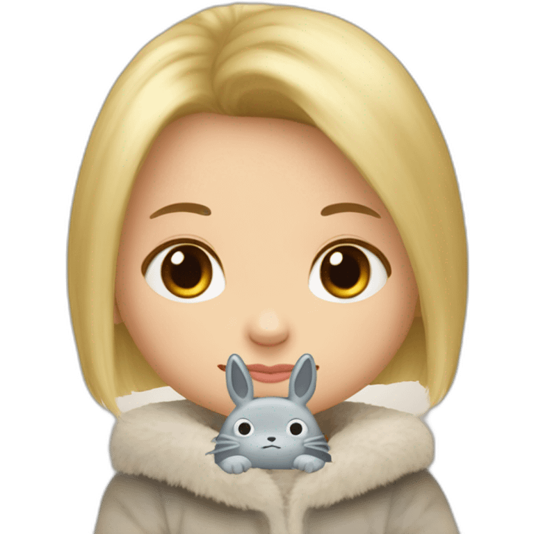 bébé fille blonde décoiffée avec une peluche Totoro  emoji