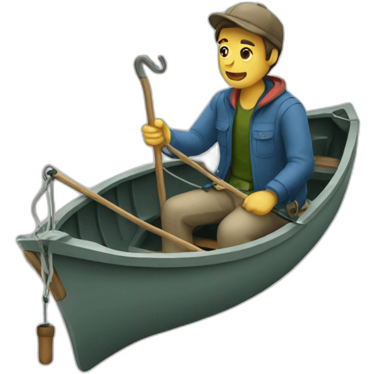 Man sitting on boat, holding fishing hook emoji