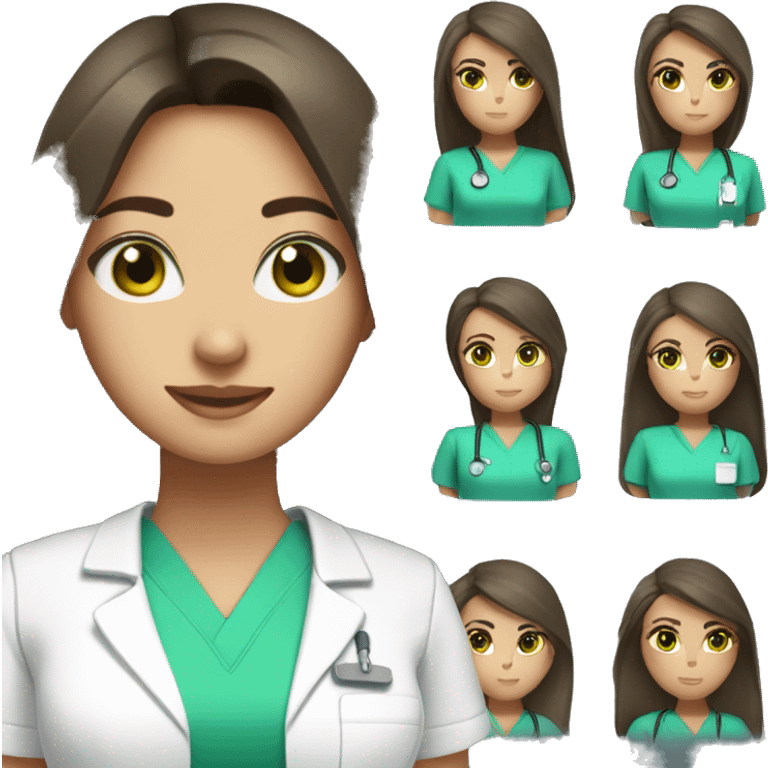 Brunette woman green eyes long straight hair nurse scrubs emoji