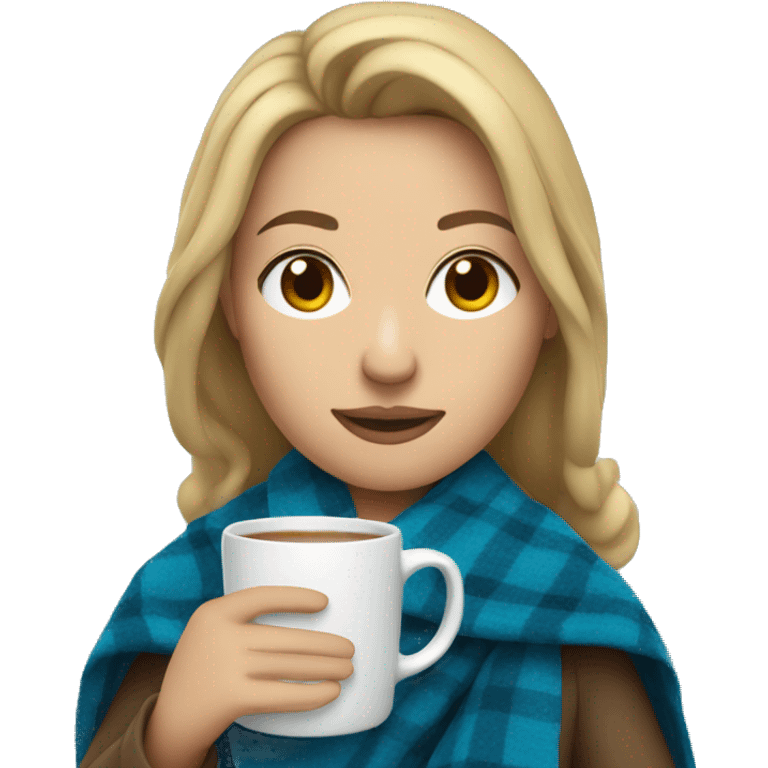 Dark blonde hair woman with blue fall blanket holding mug emoji