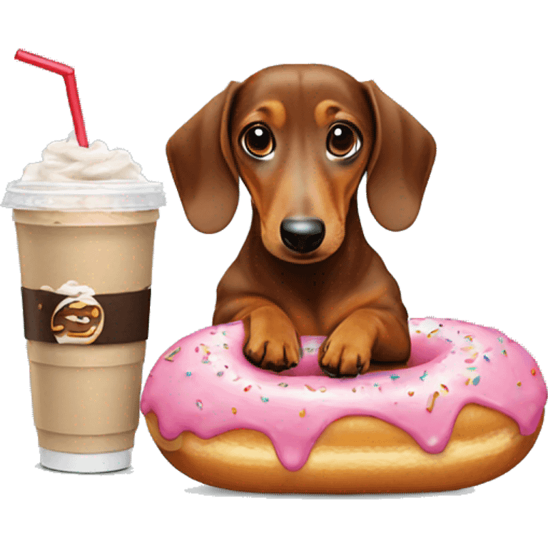 dachshund doing a split with an iced coffee and donut emoji