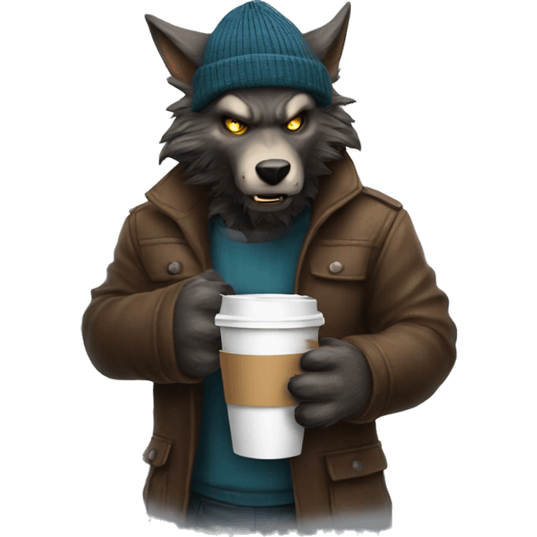 werewolf with a beanie drinking a coffee to go  emoji