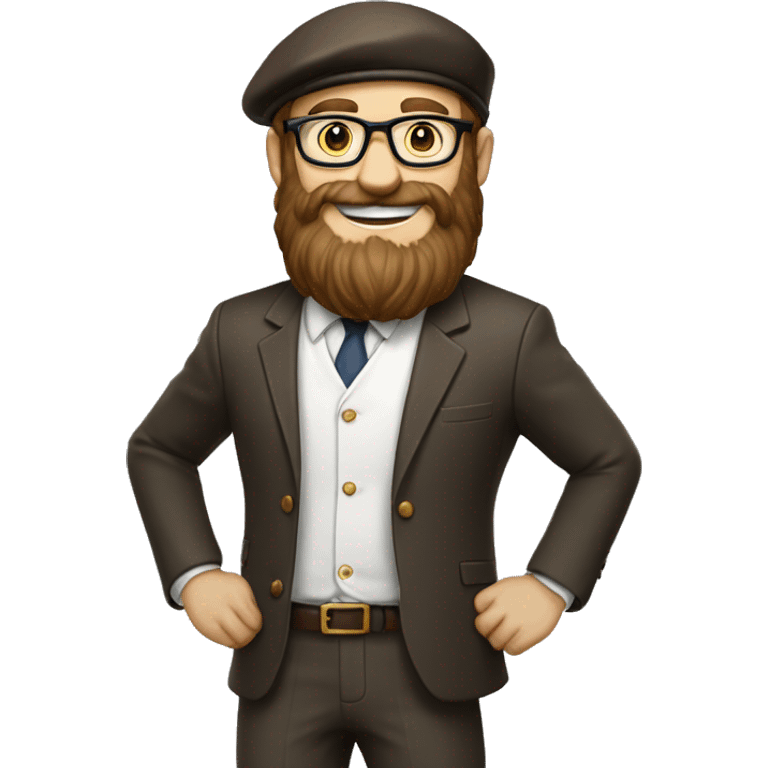 man, long brown beard, white skin, suit, full-body "slim", beret hat, glasses, brown shoes, smile emoji