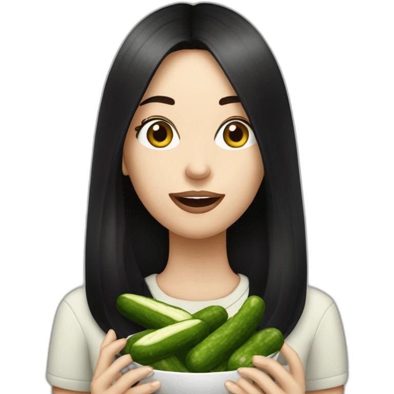 white woman with black long straight hair while eating pickles emoji