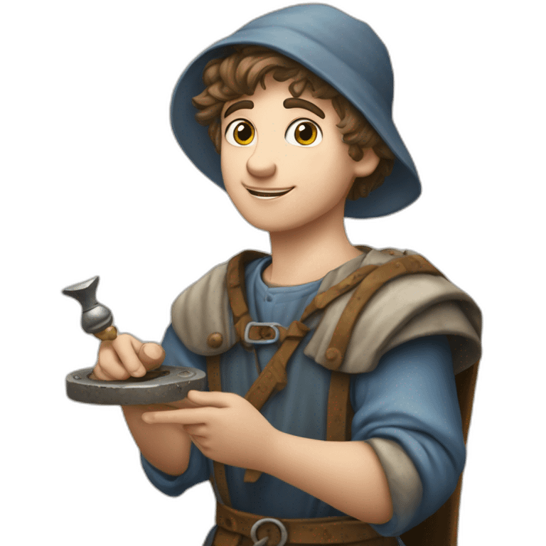 young coin engraver apprentice yielding tool, medieval age emoji