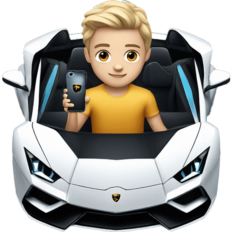 a boy with an iphone 16 pro inside a lamborghini emoji