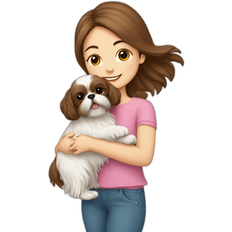 Brown haired girl carrying happy Shih Tzu emoji