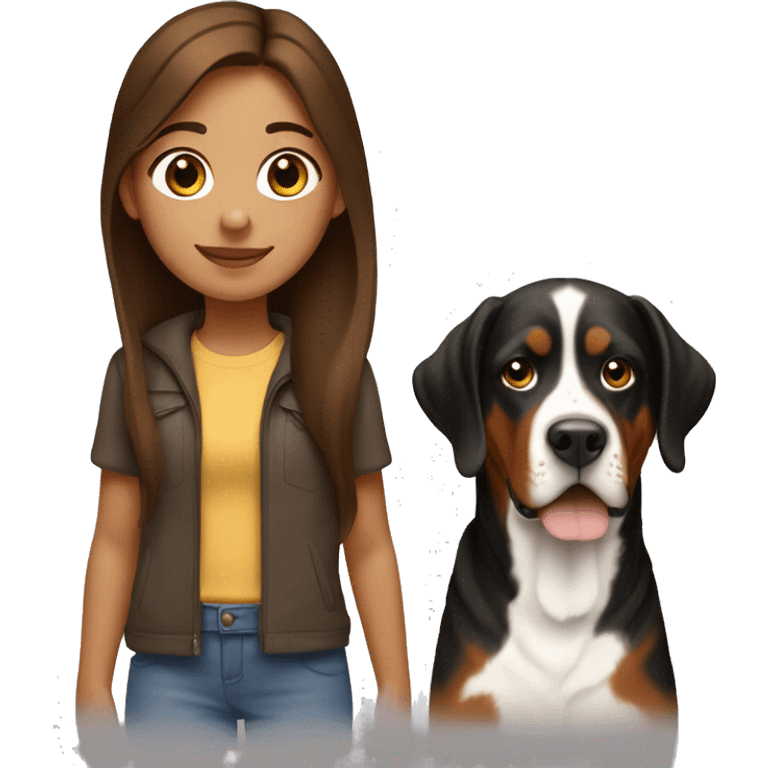 girl with long brown hair holding a greater swiss mountain dog emoji