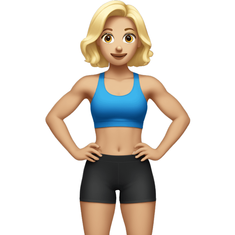 blonde woman working out with a black tank top and a blue shorts and she is holding a dumbell emoji