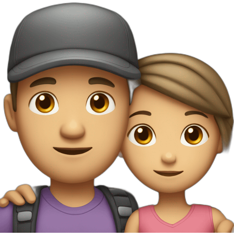 A girl hugs both her parents (light skin color, dark hair - mother with a headdress and father with a cap) emoji